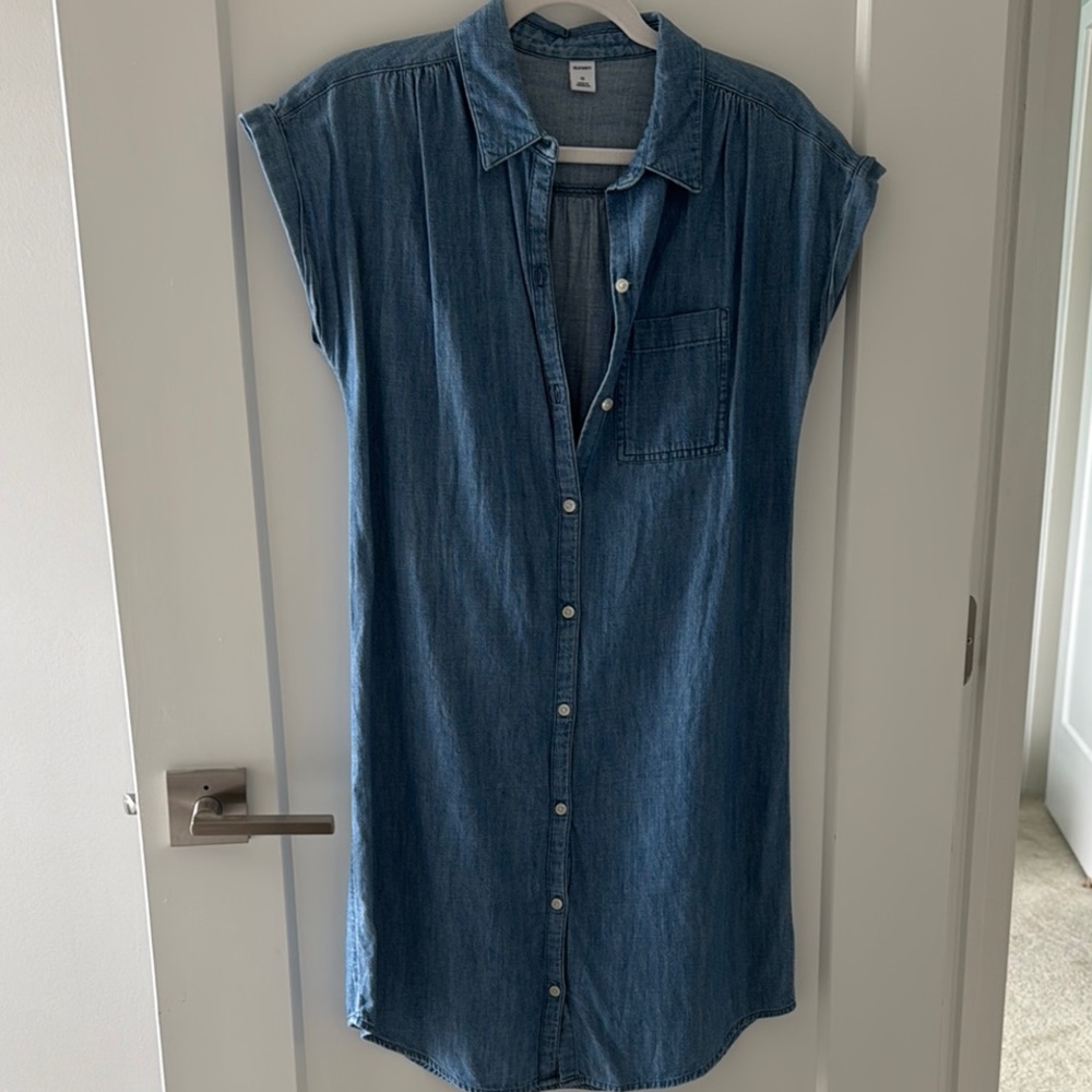 Blue Denim Knee-Length Shirt Dress